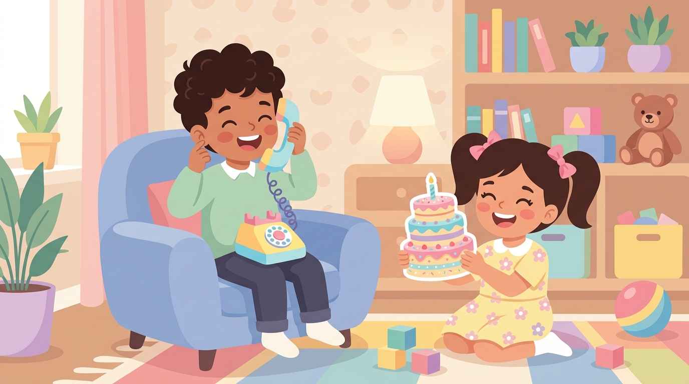 Karim au téléphone souriant, Yara qui tient une invitation en forme de gâteau